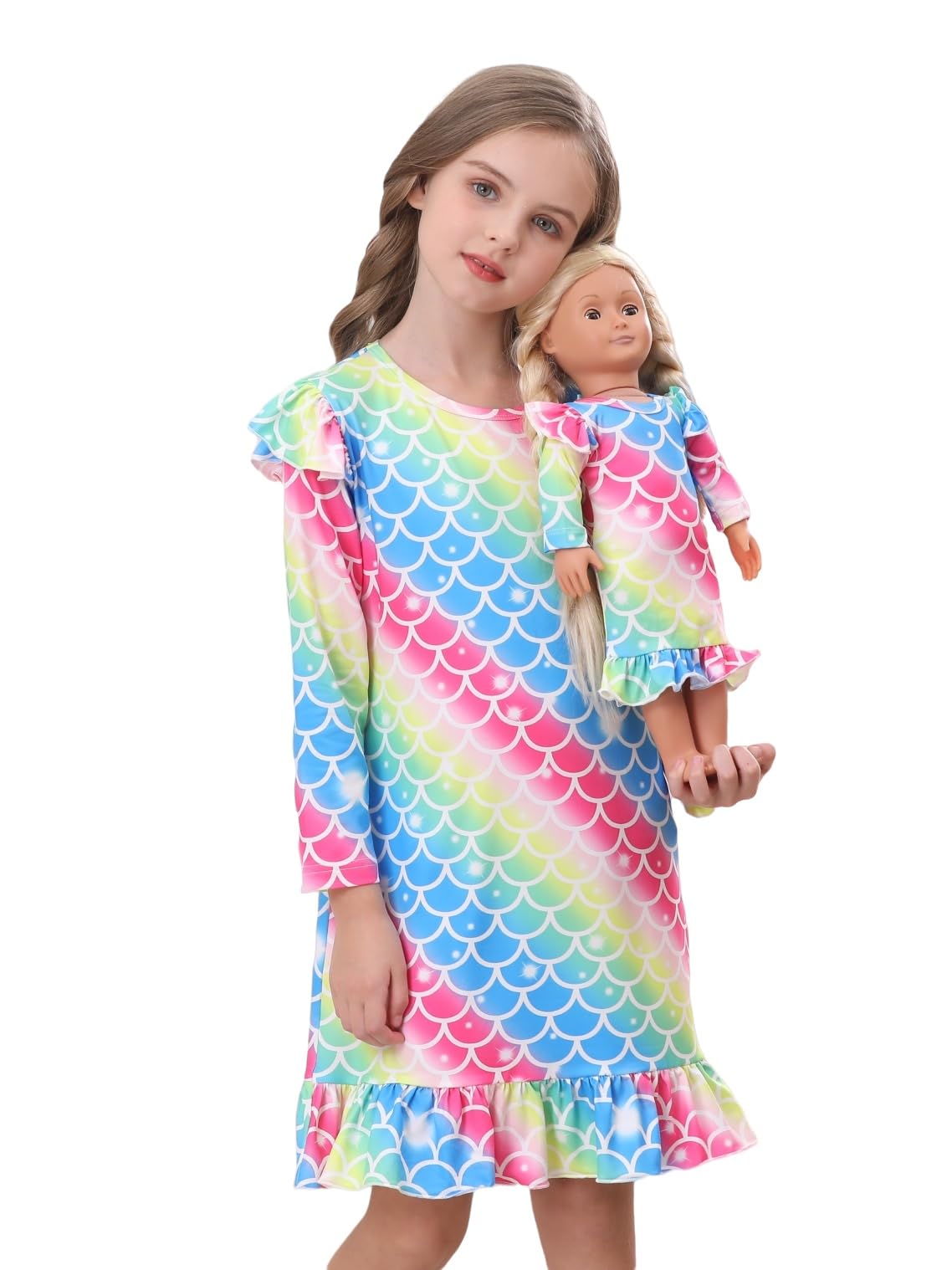 Bow Dream Toddler Girls Rainbow Strips Dress and Matching American Girl Doll Clothes for Girls Kids Clothes