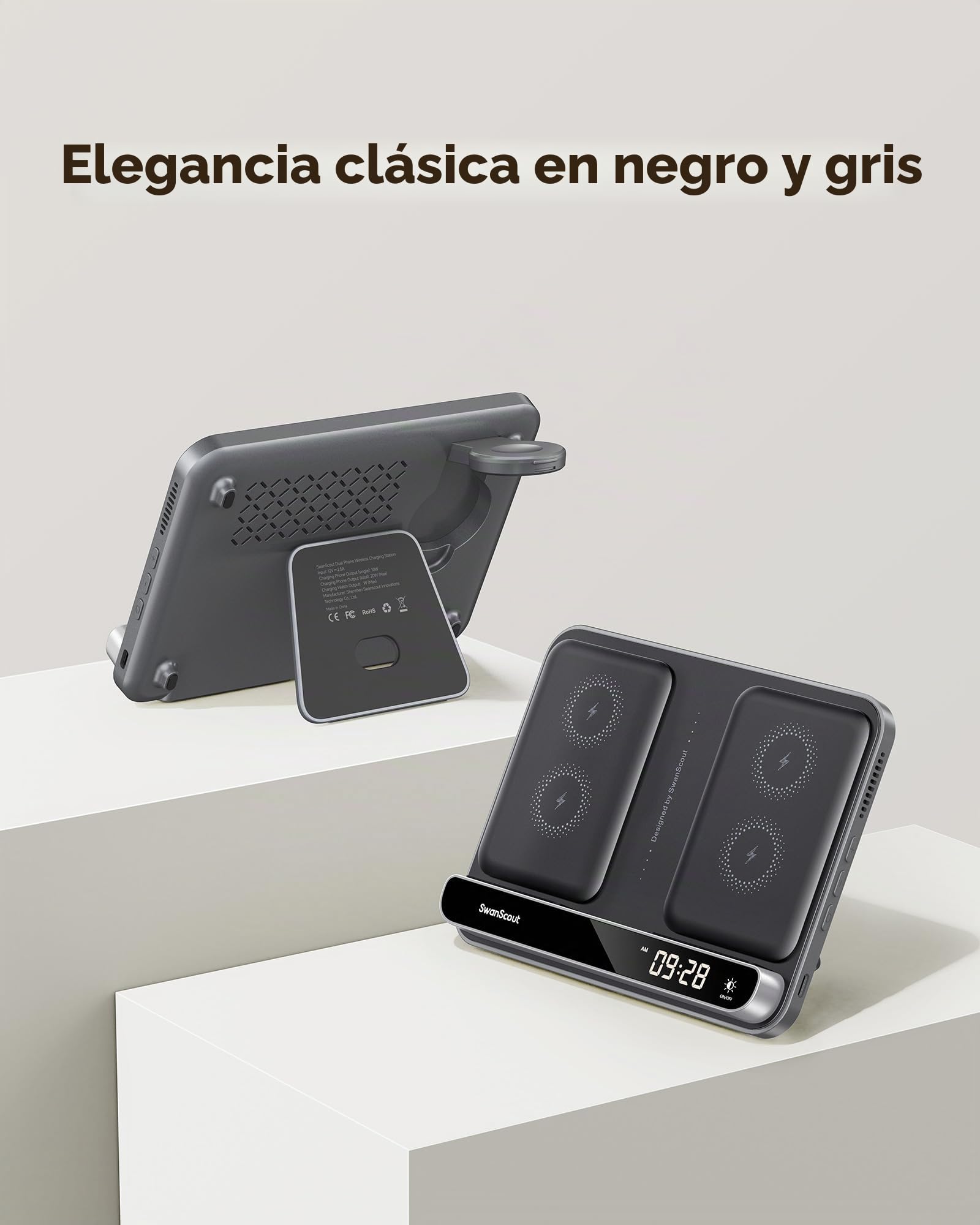 SwanScout Doble Cargador Inalámbrico para iPhone 17/Air/17e/16/15/14/13/12 | Estación de Carga para Apple Watch 11/10/9/8/7/Ultra 3/SE 3 y AirPods 4/Pro 3, Dual Wireless Charger para 2 iPhone, 710A