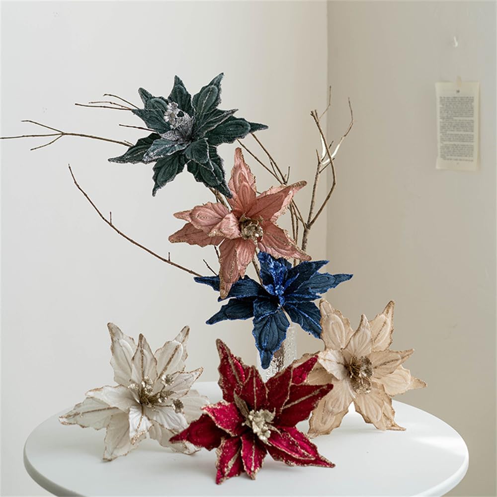 GL-Turelifes Set van 12 glitter kunstmatige kerstster bloemen kerstkrans kerstboom bloemen ornamenten 6 (16cm) diameter met 12 stuks groene zachte steken (zwart