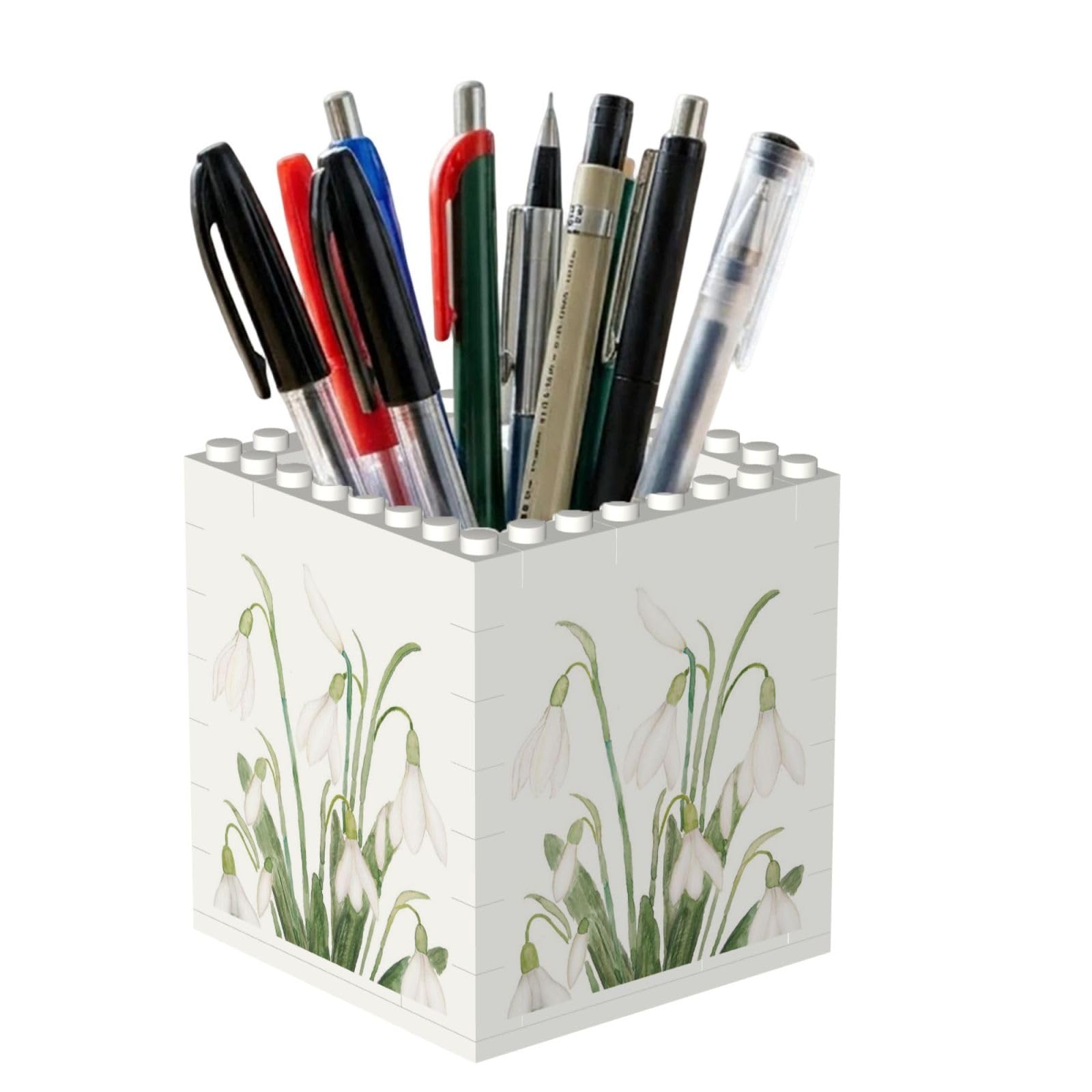 Poadnly White Snowdrop Flower Botanical Watercolor Painting, Pen Pot Pencil Holder for Office Home School, Compact Desk Organiser for Office Stationery