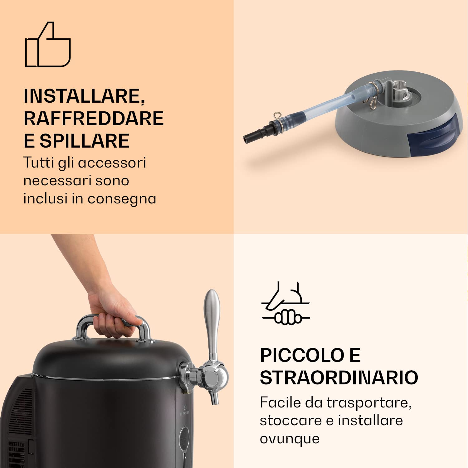 Klarstein Spillatore Birra 6L, Spillatrice Birra da Casa 65W, Mini Spillatore Silenzioso, Temperatura 3-12°C, Dispenser Birra da Casa con Indicatori LED di Freschezza e Livello, Spinatrice Birra