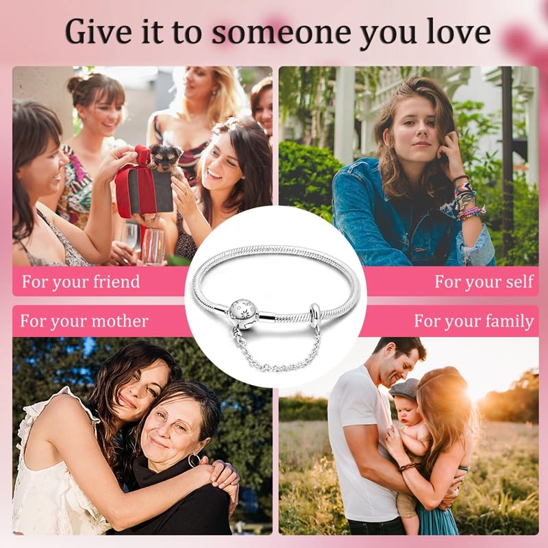 Image of 925 Sterling Silver Snake Chain Bracelets Fit Pandora Charms,Heart Clasp Bracelets Perfect For Any Glamour Gift for Women with 5 A Cubic Zirconia
