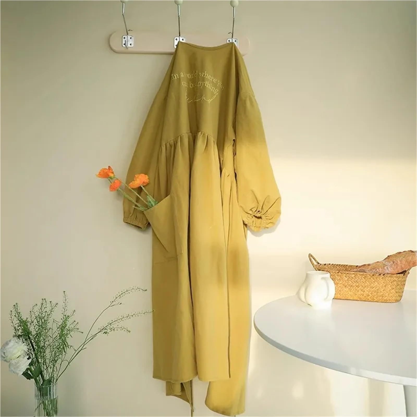 Grembiule da cucina donna con ricamo taglie forti 3 pezzi per Cucinare | Grembiule con tasca, grembiule in cotone ampio allargato a maniche lunghe for la pulizia della cottura