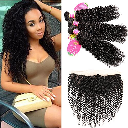 B&Q Hair Curly Wave Hair 3 Bundles with 13x4 Ear to Ear Full Lace Frontal Closure with Baby Hair, 7A Brazilian Virgin Human Hair Extensions Natural Color(14 16 18 with 12 Frontal)