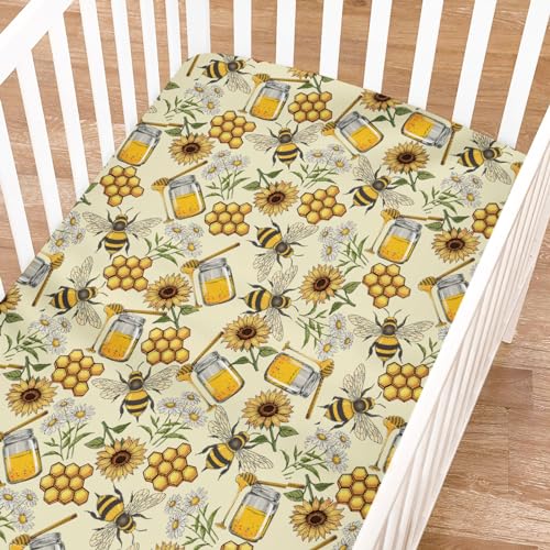 Image of Retro Honey Bees Sunflowers Baby Crib Sheets - 52 inchx28 inch Vintage Bees Daisy Floral Soft Breathable Mattress Cover - Fits Standard Crib and Toddler Mattress