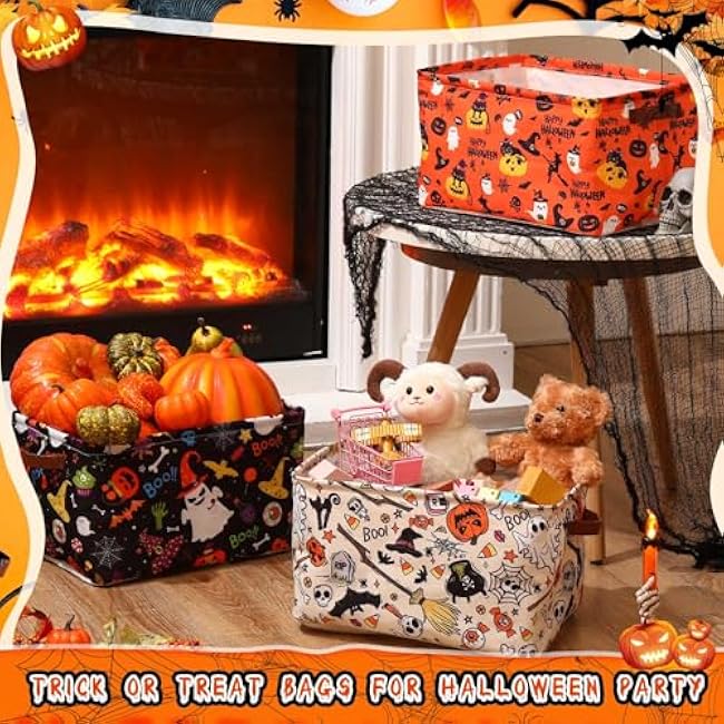 Boao 3 Pack Halloween Ghost Basket with Handles Collapsible Large Canvas Storage Baskets Boo Spooky Skull Pumpkin Cat Foldable Storage Box Organizer Bins for Trick or Treat Gifts Bedroom Home Office
