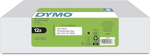 DYMO Etiquetas de dirección postal LW auténticas para impresoras de etiquetas LabelWriter, blancas, 1-1/8 pulgadas x 3-1/2 pulgadas, 12 rollos de