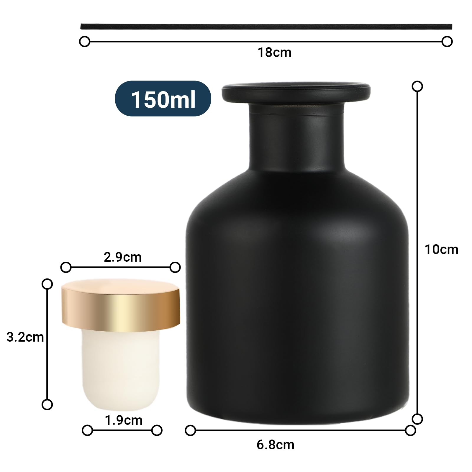 2 Botellas Difusoras - Botellas Difusoras de Vidrio - con 12 Varillas y Tapa - para Aromatización de Ambientes y Aromaterapia - Ideal para Hogar, Oficina, Repuesto DIY (Negro)