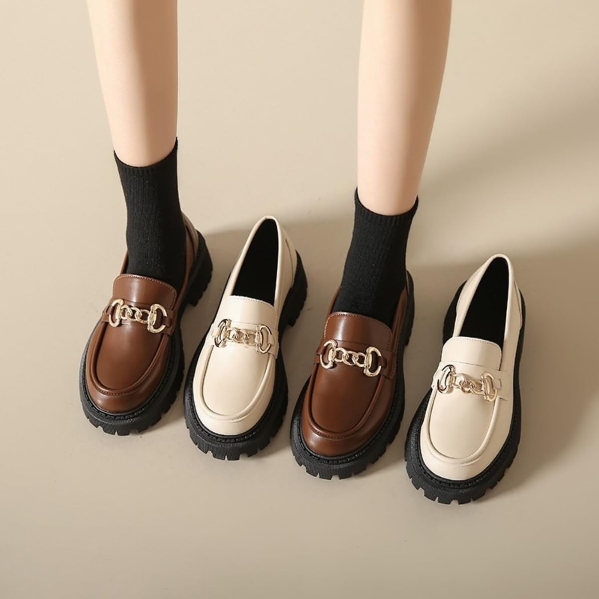 Mocasines de piel con forro de lana para mujer, suela gruesa, suaves, cálidos, sin cordones, tacón grueso, mocasines de tacón grueso, vestido de negocios, trabajo