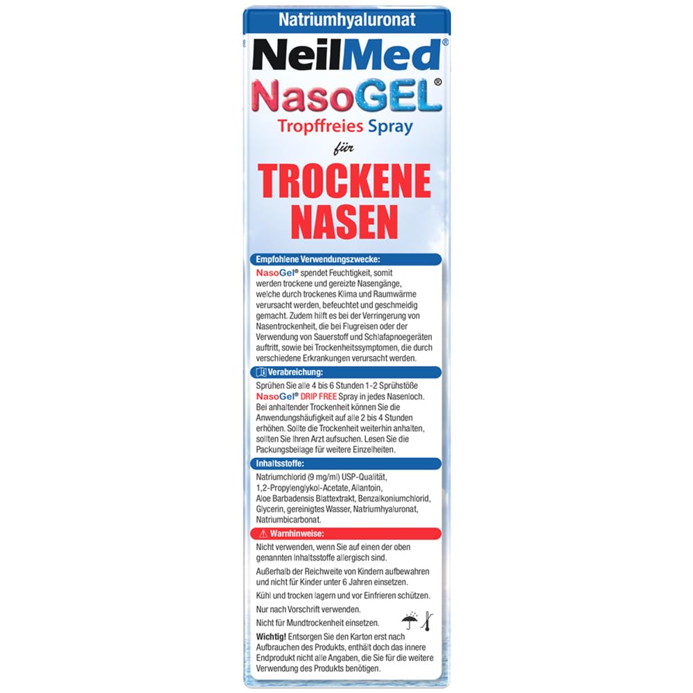 NeilMed NasoGel Spray – Feuchtigkeitsspendendes Nasenspray mit Aloe Vera & Hyaluron gegen trockene Nase, Nasenpflege nach OP, für Allergiker & Erkältung