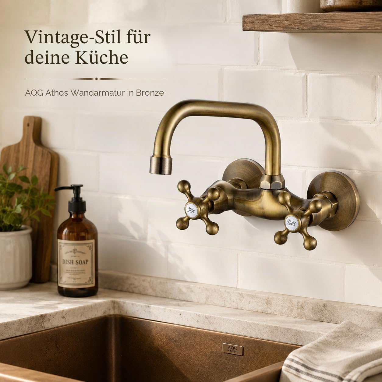 AQG Athos Wandarmatur für Spüle, 360° schwenkbarer Auslauf, Vintage-Doppelgriff, Wandmontage, klassischer Retro-Stil (Bronze)