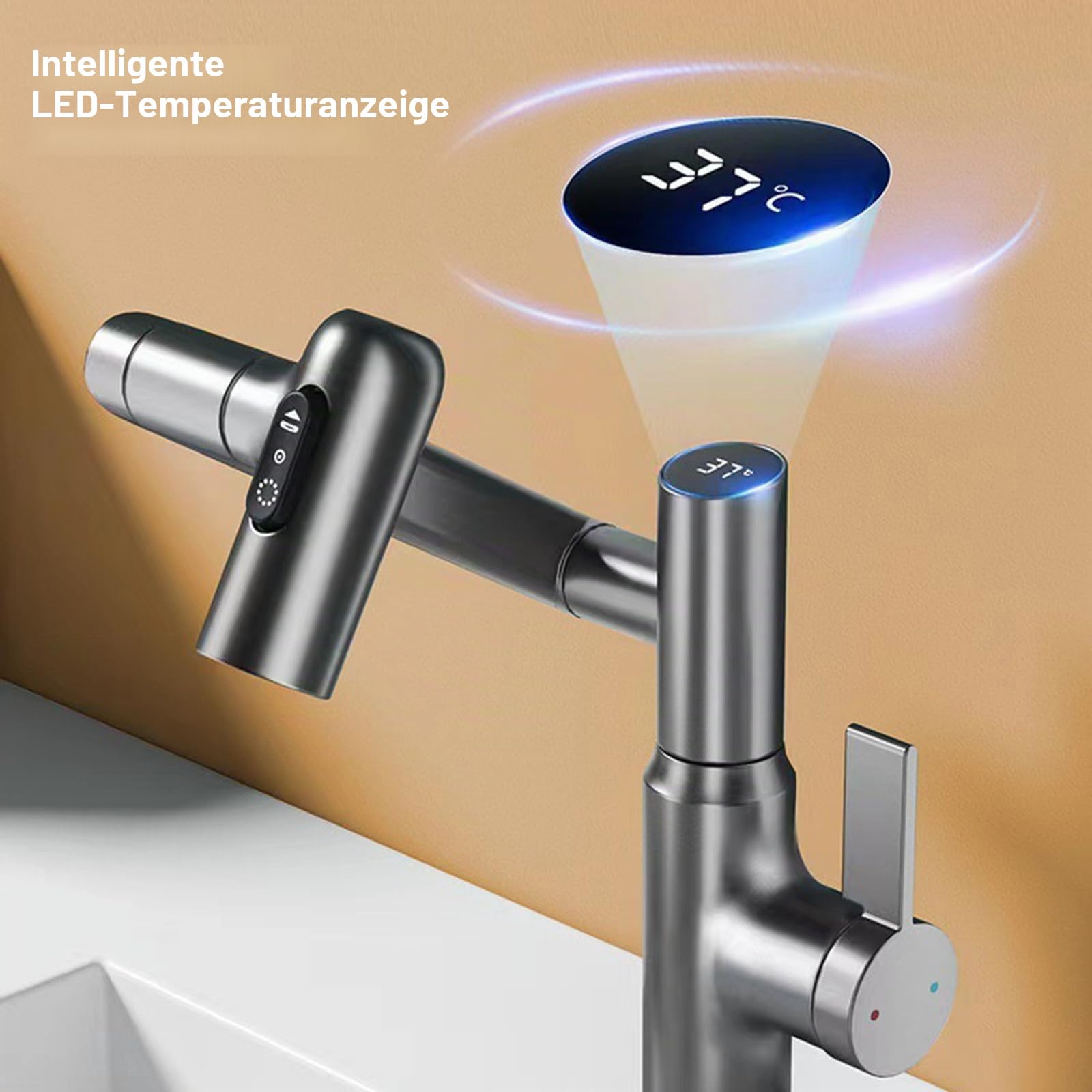 Wasserhahn, LED Temperaturanzeige, Drehbarer Multifunktionshahn, Spültischarmatur(3/8 Schnittstelle)