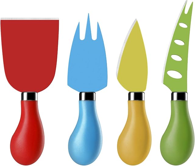 hecef Non-Stick Coated Cheese Knife Set of 4, Cheese Slicer & Cutter Set with Plastic Handle, Gift Set for Christmas,Anniversary,Party,Housewarming,Picnic,Birthdays,Wedding (Multi)