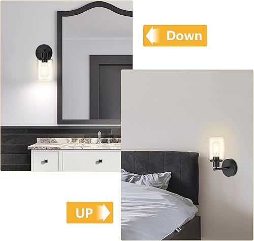 Miniatura 4 de Asnxcju Juego de 2 apliques de pared negros de 1 luz, accesorios de pared para tocador de baño con pantalla de vidrio transparente, lámpara moderna