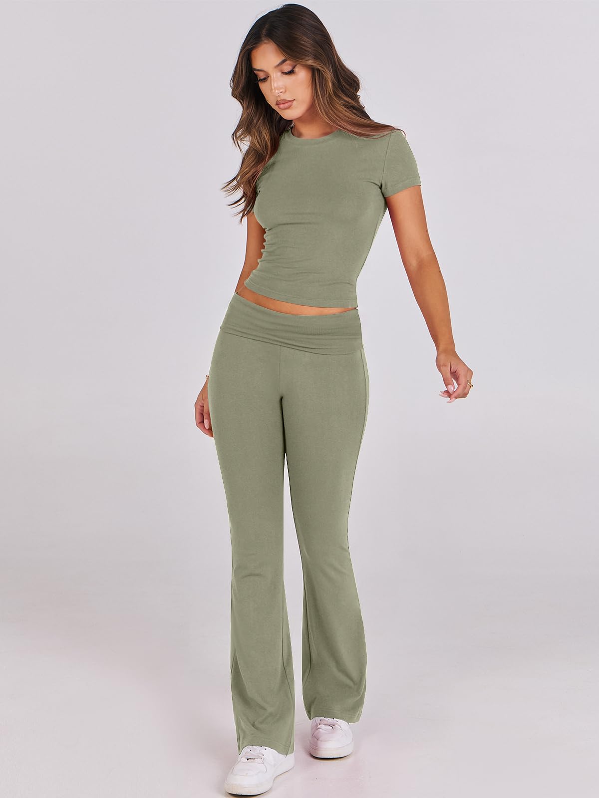ANRABESS Lounge Sets for Women 2 Piece Foldover Yoga Flare Leggings Pants Crop Tops Casual Y2K Outfits Matching Tracksuit Set: Large Olive