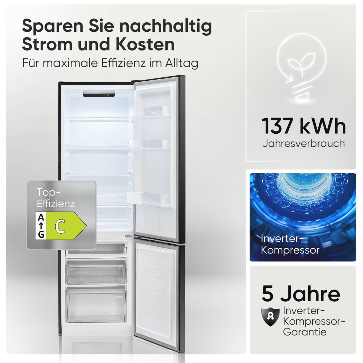 Bomann® Kühlschrank mit Gefrierfach | Energieklasse C | 176cm | LowFrost | 5 Jahre Kompressor-Garantie | Kühl Gefrierkombination leise | Türanschlag wechselbar | Kühlgefrierkombi | KG 7369 schwarz