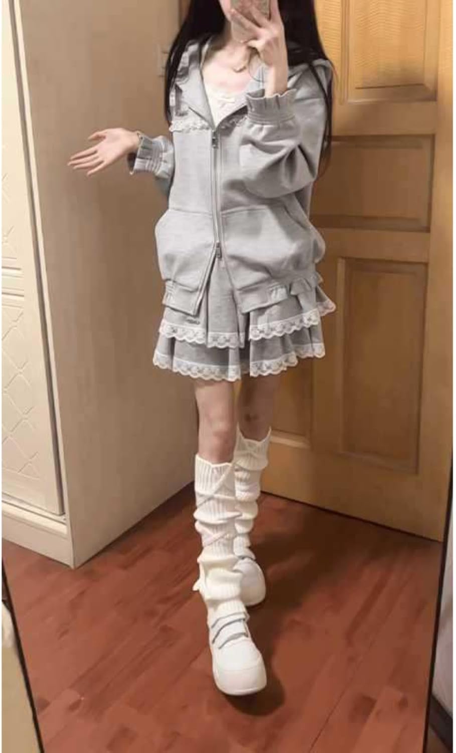 Pokn Women Two Piece Outfit Aesthetic Hoodie Lace Trim Skirt Zip Up Sweatshirt High Waist Layered Mini Skirts