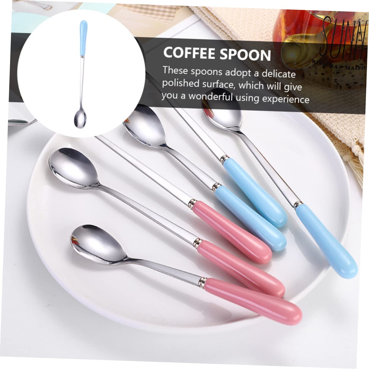 HOLIDYOYO Multi-purpose Stainless Steel Stirring Spoon Ceramic Handle Coffee Spoons Tea Spoons Condiment Spoon for Bar Kitchen