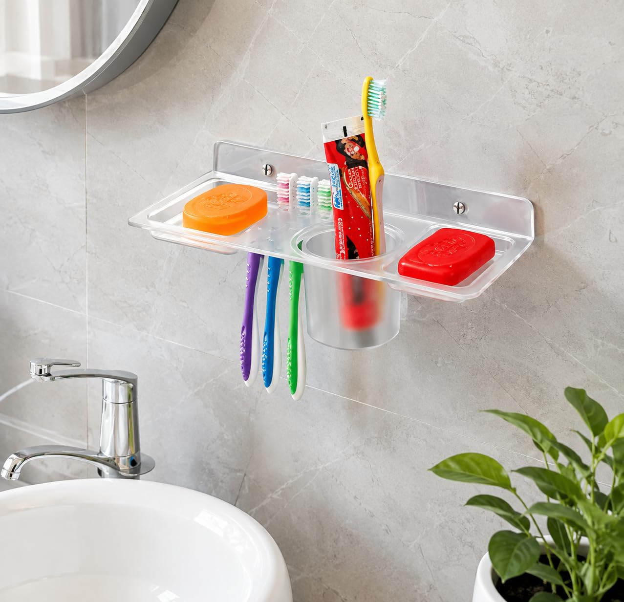 istar multi use 4 in 1 multipurpose double soap stand with tumbler holder sleek design bathroom accesories shelf soap holder for washbasin,bathroom, kitchen(pack of 1,clear, plastic)