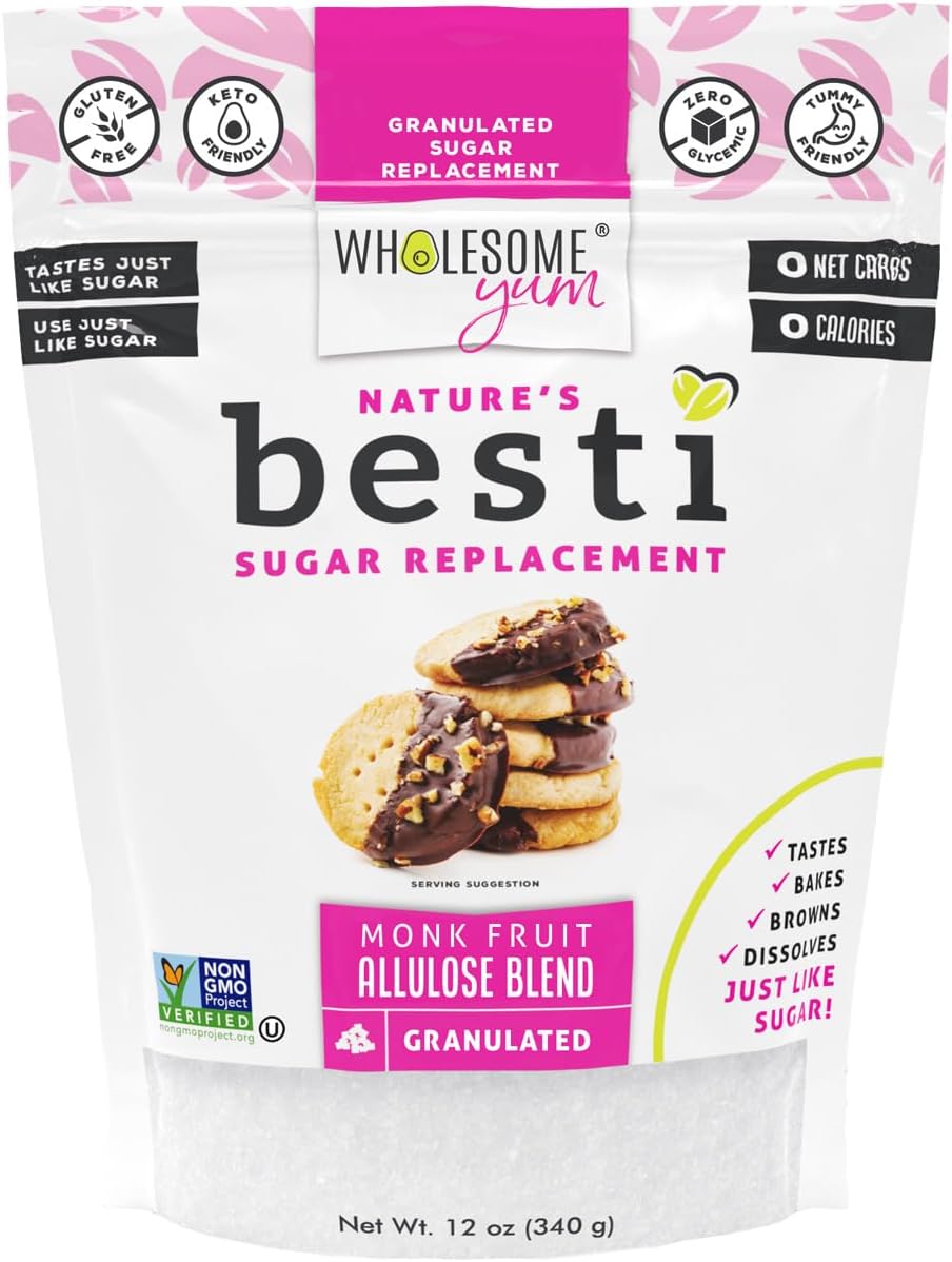 Wholesome Yum Besti Natural Sugar Substitute - Keto Granulated Monk Fruit Sweetener Mix With Alulose (Erythritol Free) - Non-GMO, Zero Calories, Zero Carbs, Sugar Free, No Taste Res