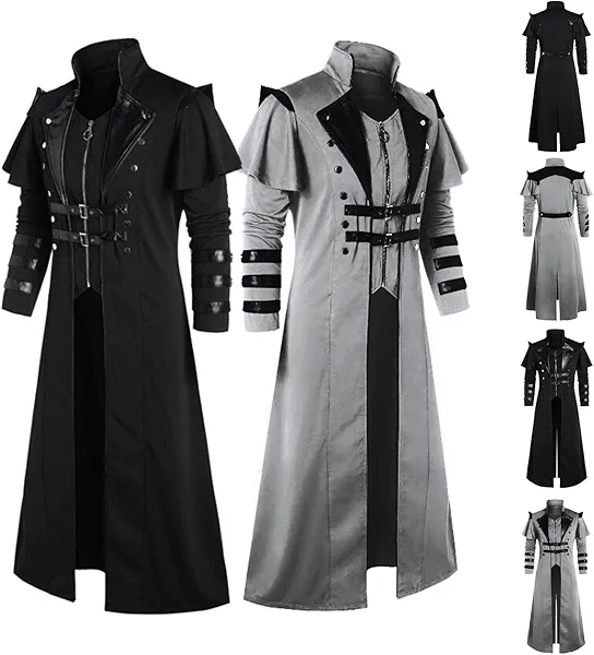 Mens Steampunk Vintage Jacket Punk Coat for Men Gothic Overcoat Medieval Frock Jacket Renaissance Double Breasted Tuxedo Coat Long Split Cloak Victorian Outerwear Halloween Costume