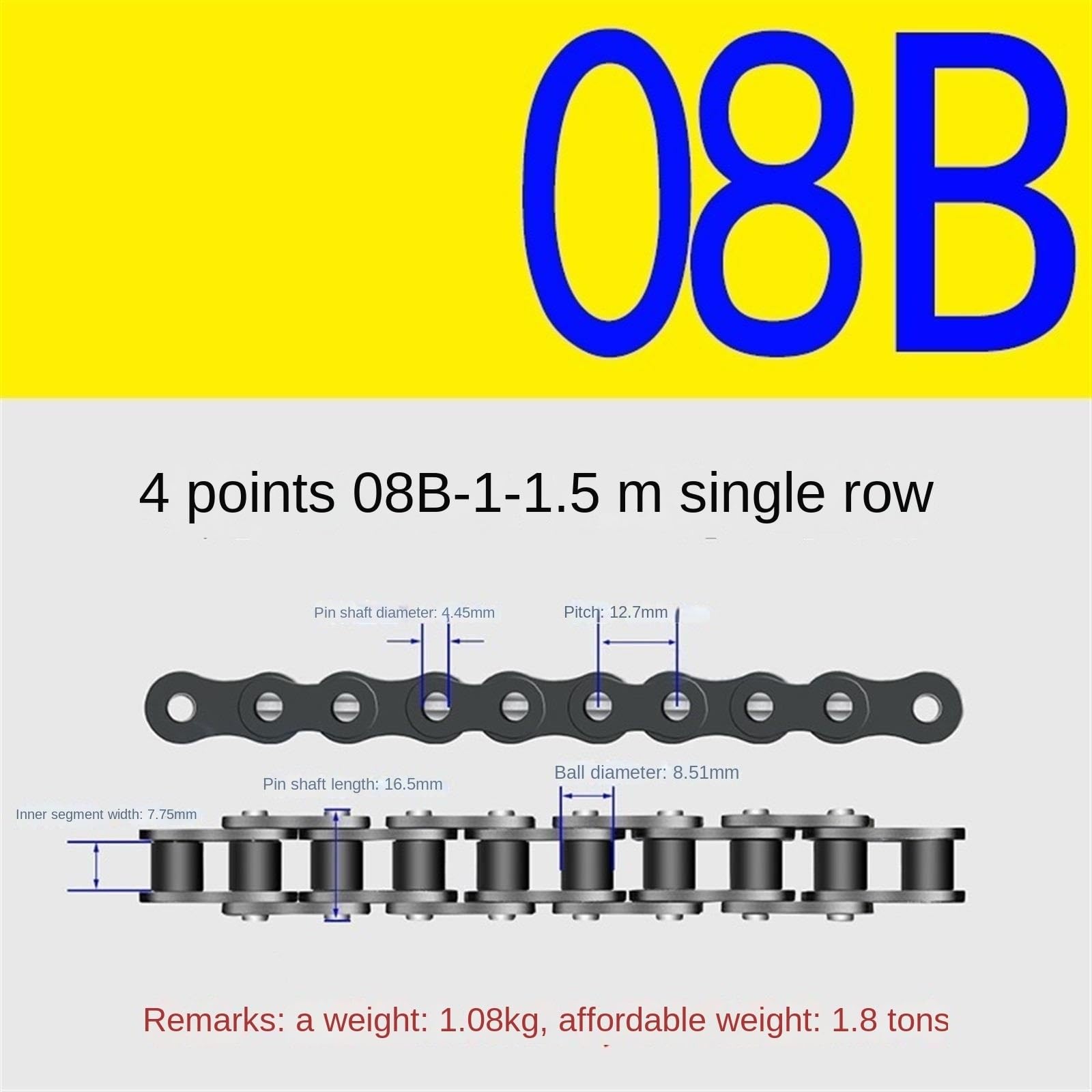 Generic Industrial Transmission Chain, Single Row and Double Row, 06B 08B 10A 12A-1 16A-1 MINGPING (Size : 1/2in 08B-1 1.5m), EOEGQOCNA-1/2IN08B-11.5M