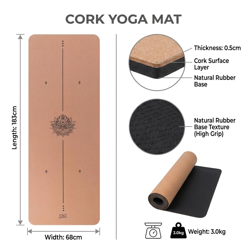 EKE Tappetino da yoga in sughero con linee del corpo, superficie antiscivolo resistente al sudore, materiali riciclabili al 100%, ecologico, realizzato in sughero e TPE, ideale per hot yoga