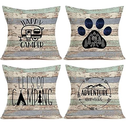ShareJ Happy Camper Pillow Covers Outdoor Camping Set of 4 Cotton Linen Inspirational Quote Rustic Wood Background Mountains Cushion Cover Cartoon RV Car Decor Pillow Cases 18" x 18" (Wood Camper) Cover