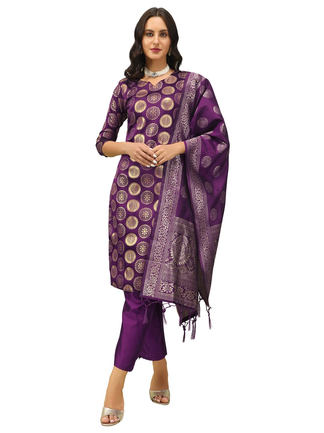 VredeVogel Women's Cotton Silk Self Designed Kurta with Pant & Banarasi Silk Dupatta Set