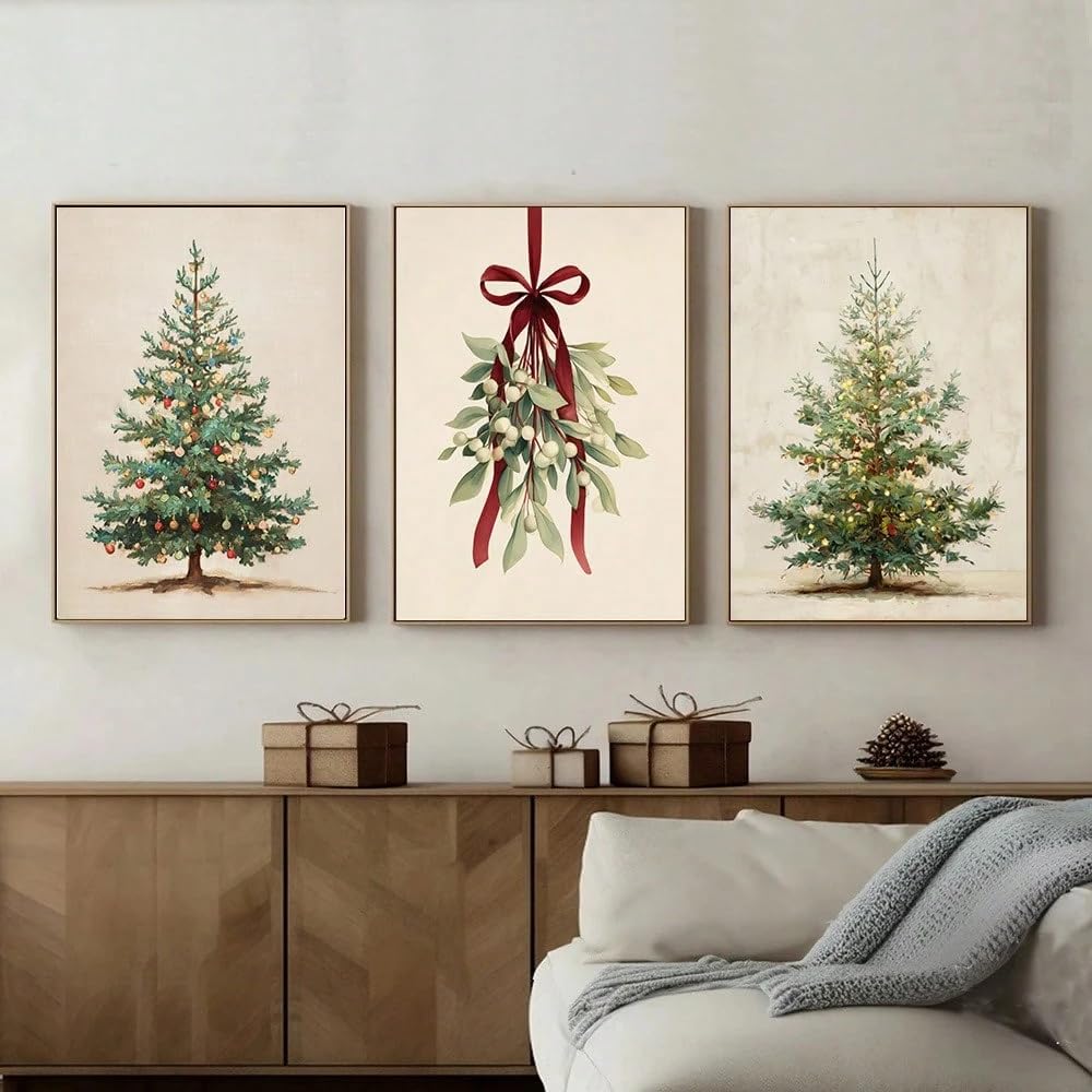 Lot de 3 posters rustiques sur toile représentant un sapin de Noël sous gui, style nordique minimaliste rétro hivernal, pour le salon (55 x 75 cm x 3 / Sans cadre)