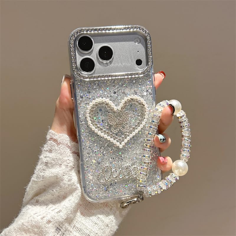 Glitter Phone Case compatible with OPPO Find X7 Ultra/Find X7 Pro,Sparkly with Rhinestone Camera Frame,Pearl Heart Butterfly,Beaded Wrist Strap,Shockproof Slim Protective Cover-Silver
