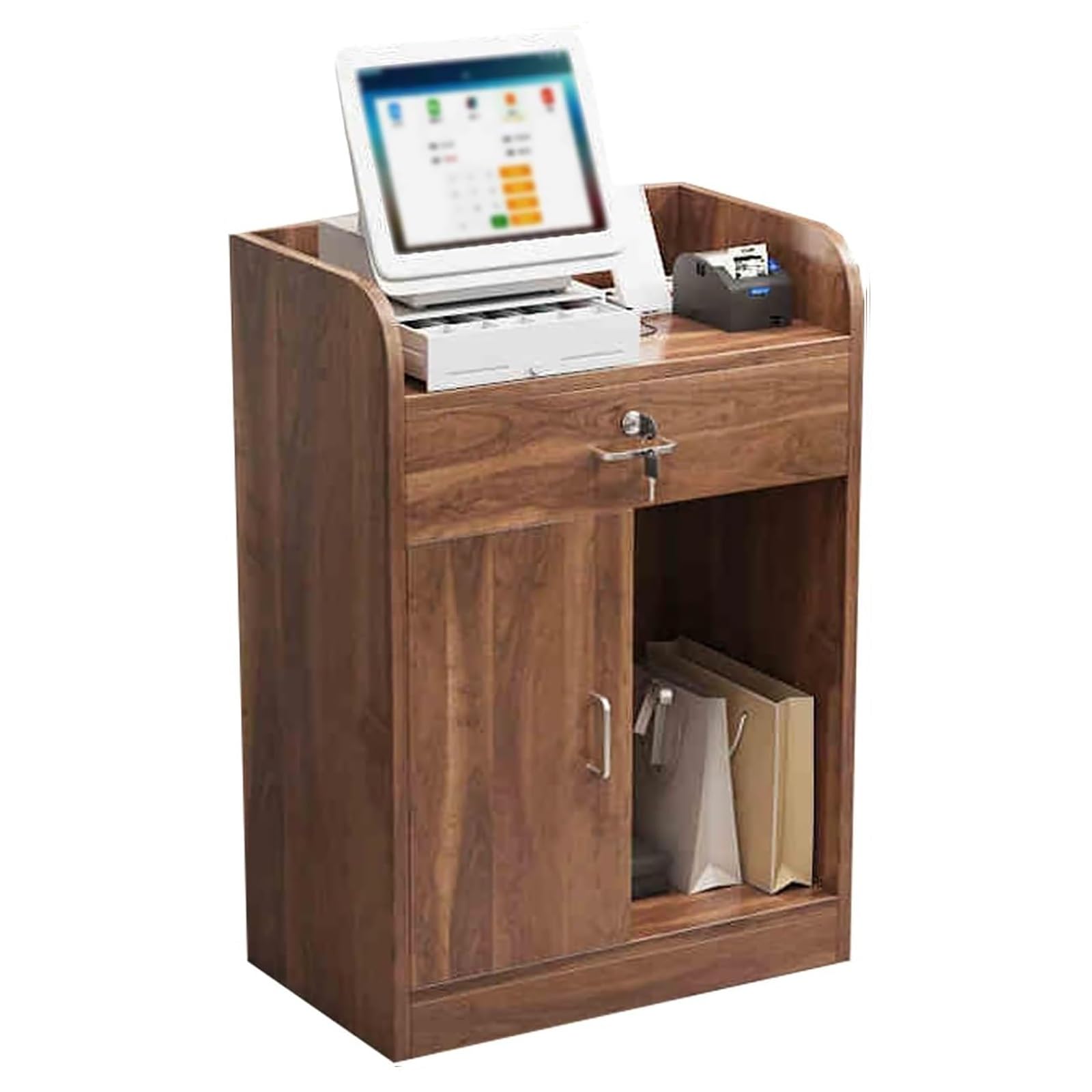 Moderner Empfangstisch mit abschließbarer Schublade, kompakter Thekentisch für Salon, Büro oder Lobby, stilvolles braunes Finish, 60 cm