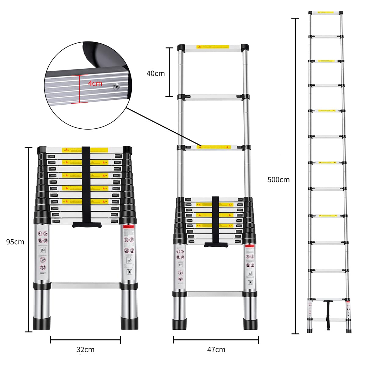 Escalera Telescópica 5 Metros de Aluminio Extensible y Plegable | Compacta, Ligera, Portátil y Antideslizante | Ideal para Uso Doméstico, Profesional, Reformas, Jardín, Taller, Alturas