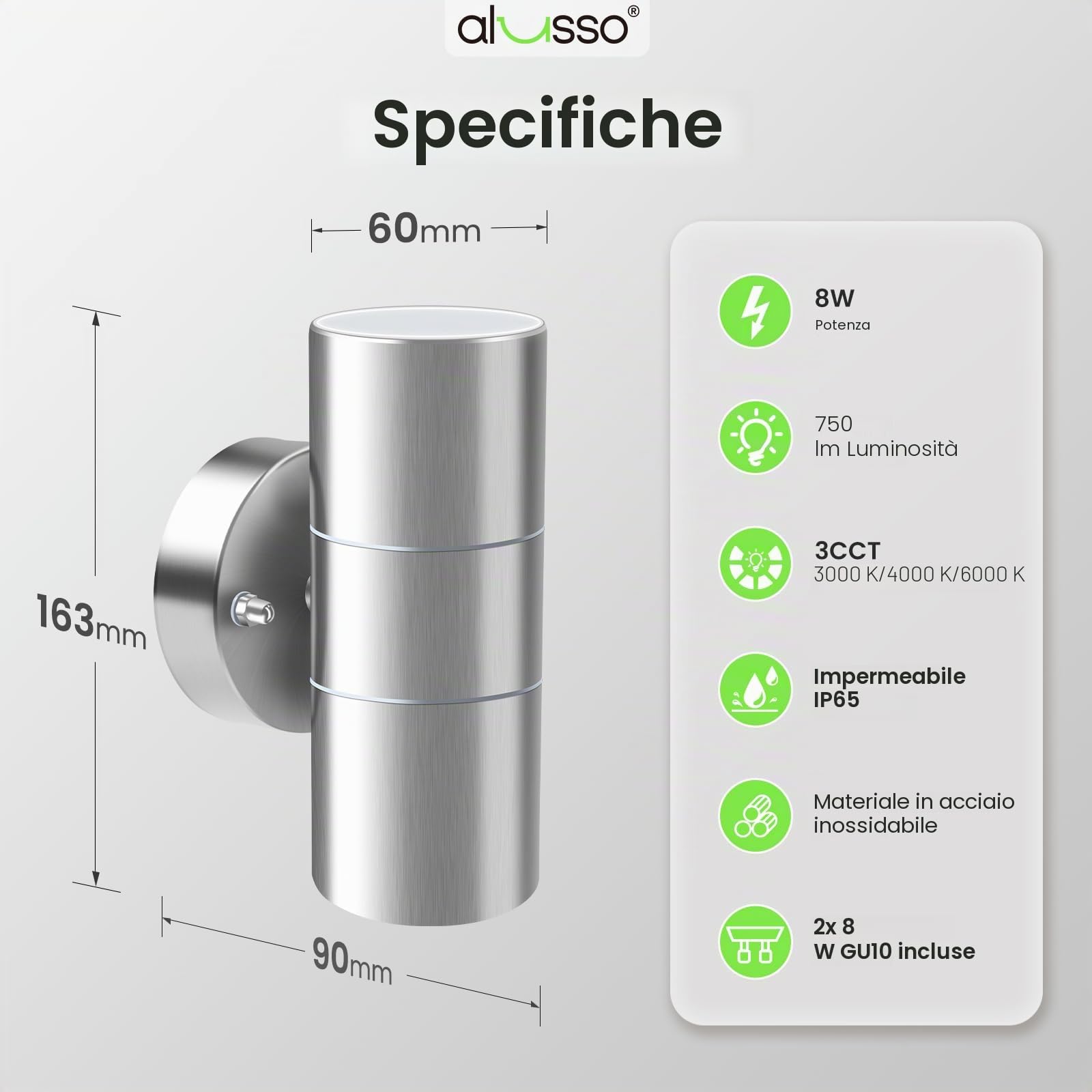 ALUSSO Acciaio Inox LED Lampade da Parete 8W 750LM, Argento, Set di 2