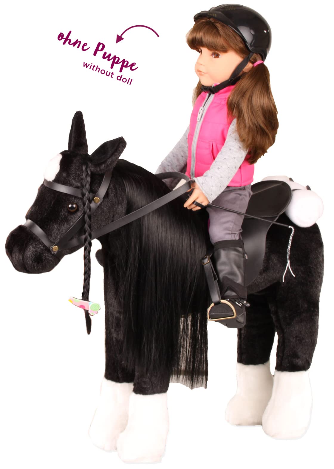 Götz 3402783 Rappe Max Kämmpferd mit Sattel Plüschpferd für Puppen | 6-tlg Pferd, Zubehör für Stehpuppen bis 50 cm, Mähne kämmbar, Zaumzeug, Höhe ca 52 cm, Stockmaß 37 cm, für Kinder ab 3 Jahren