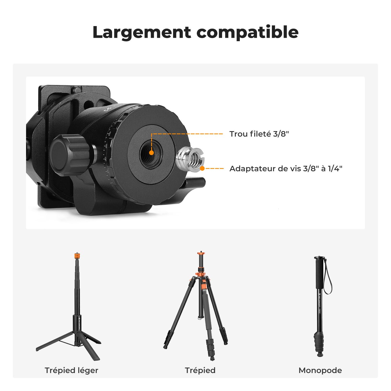 K&F Concept Rotule Ball Tête vis 3/8" en Aluminium Ball Head Adaptateur 360° Rotatif avec Plaque Rapide de Vis 1/4" pour Trépied et Caméra Charge Max 10KG