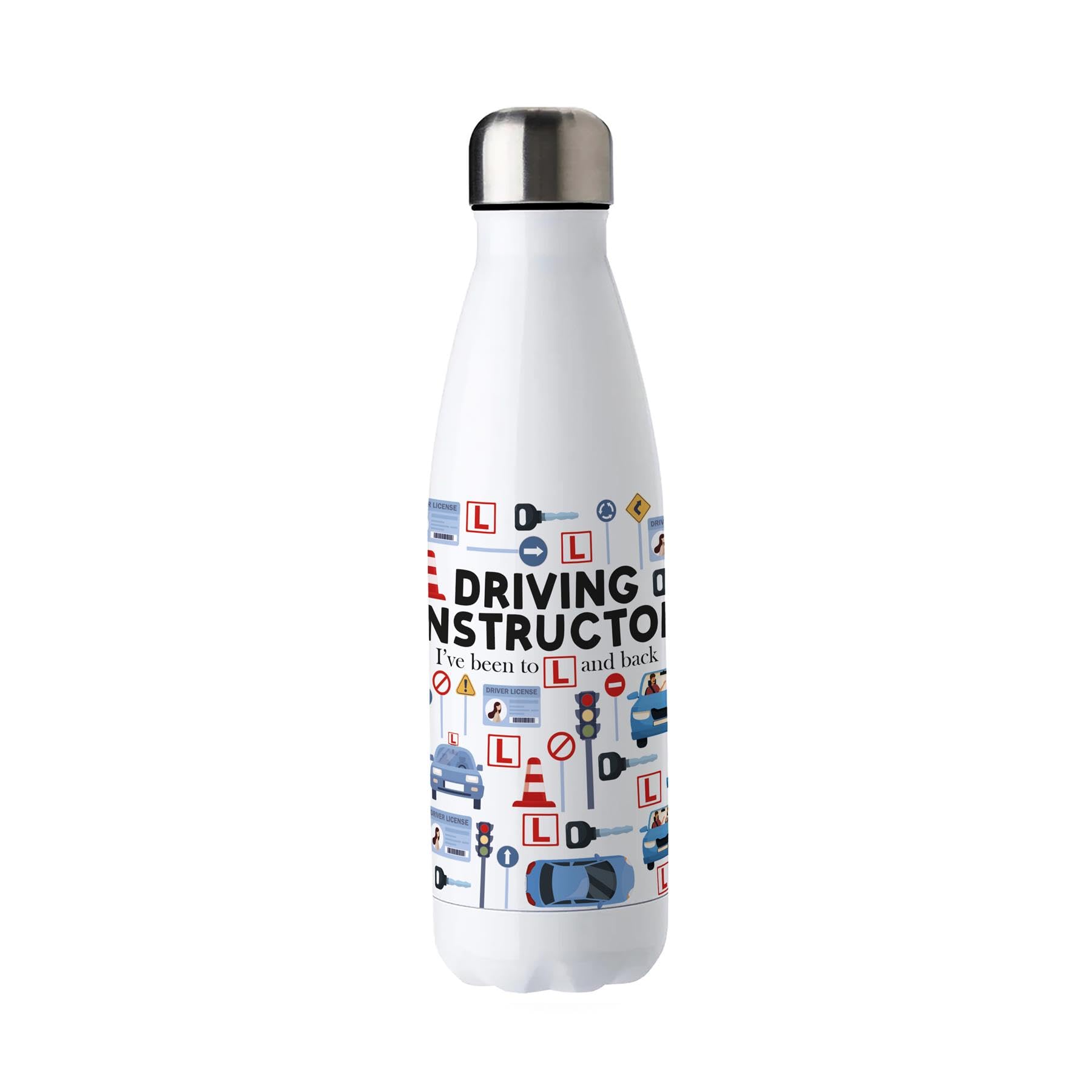Purely Home Novelty Driving Instructor Water Bottle - Stainless Steel Double Walled 500ml Metal Hot/Cold Drinks Bottle Outdoor Gifts