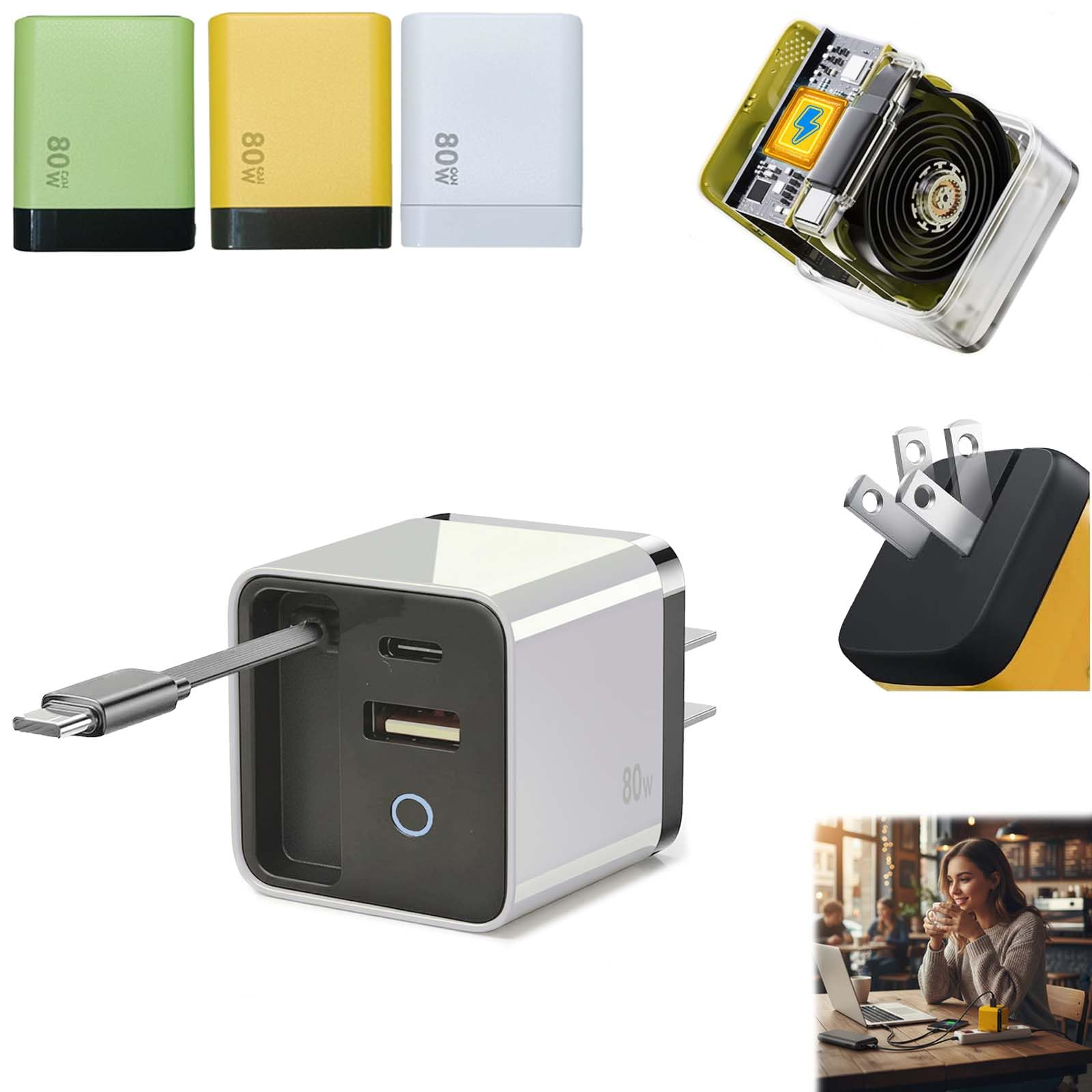 3 in 1 80w max Retractable USB-C Fast Charging Wall Charger with Built-in Cable — Compact Travel-Ready Design, Easy to Carry, Ideal for Hotel Stay,