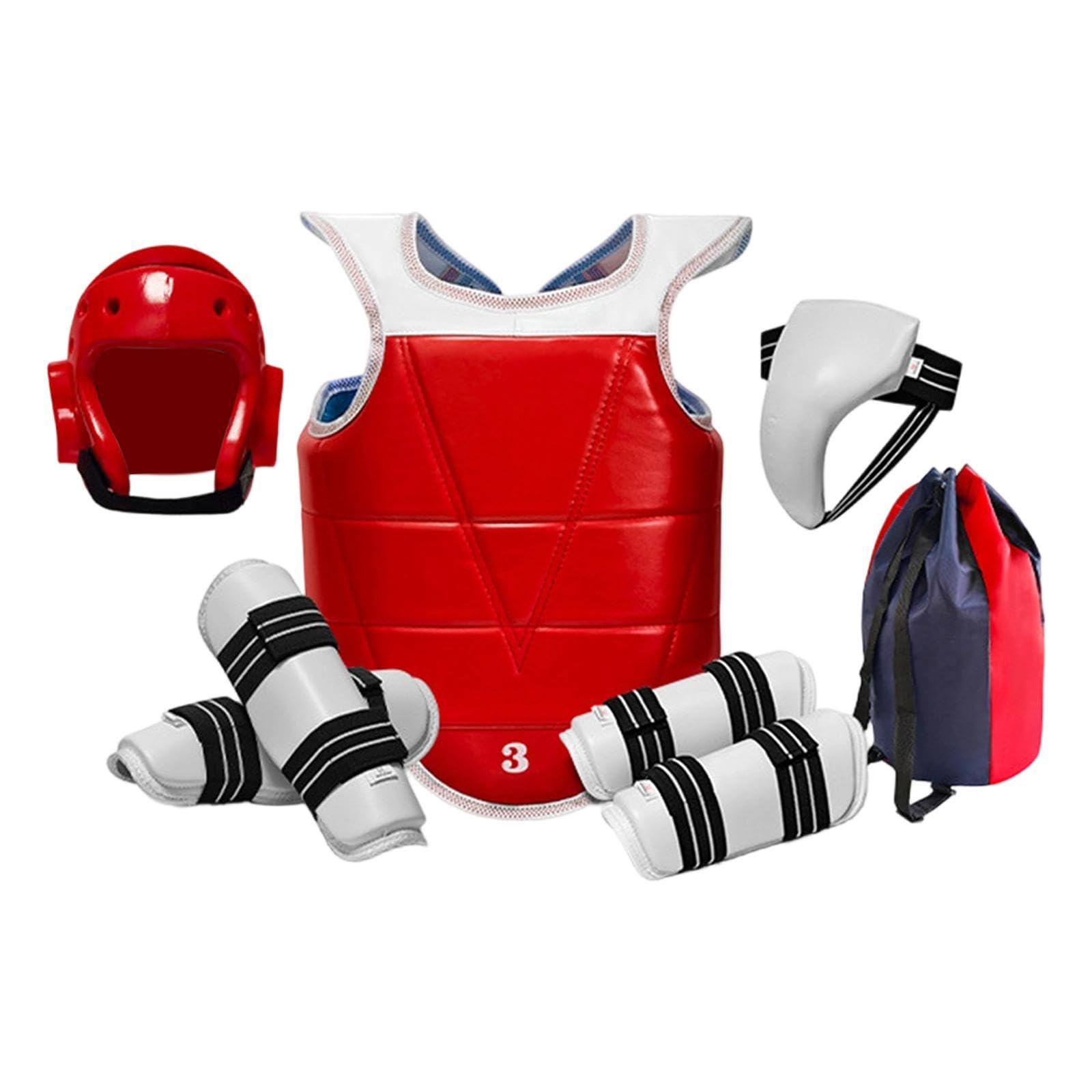 Équipement de Protection Taekwondo 6 Pièces, Plastron et Casque Renforcés pour Combat et Entraînement, Kit de Sécurité Arts Martiaux avec Sac de Transport, Équipement Professionnel, Rouge