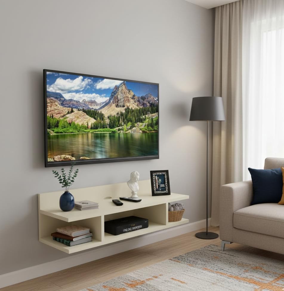 Image of Engineered Wood Set Top Box Stand | Wall Mounted TV Unit Shelf for Router, WiFi, DVD, Gaming Console | Sturdy & Space Saving TV Accessory Organizer (Brown, 50 x 20 x 15 cm) (Cream)