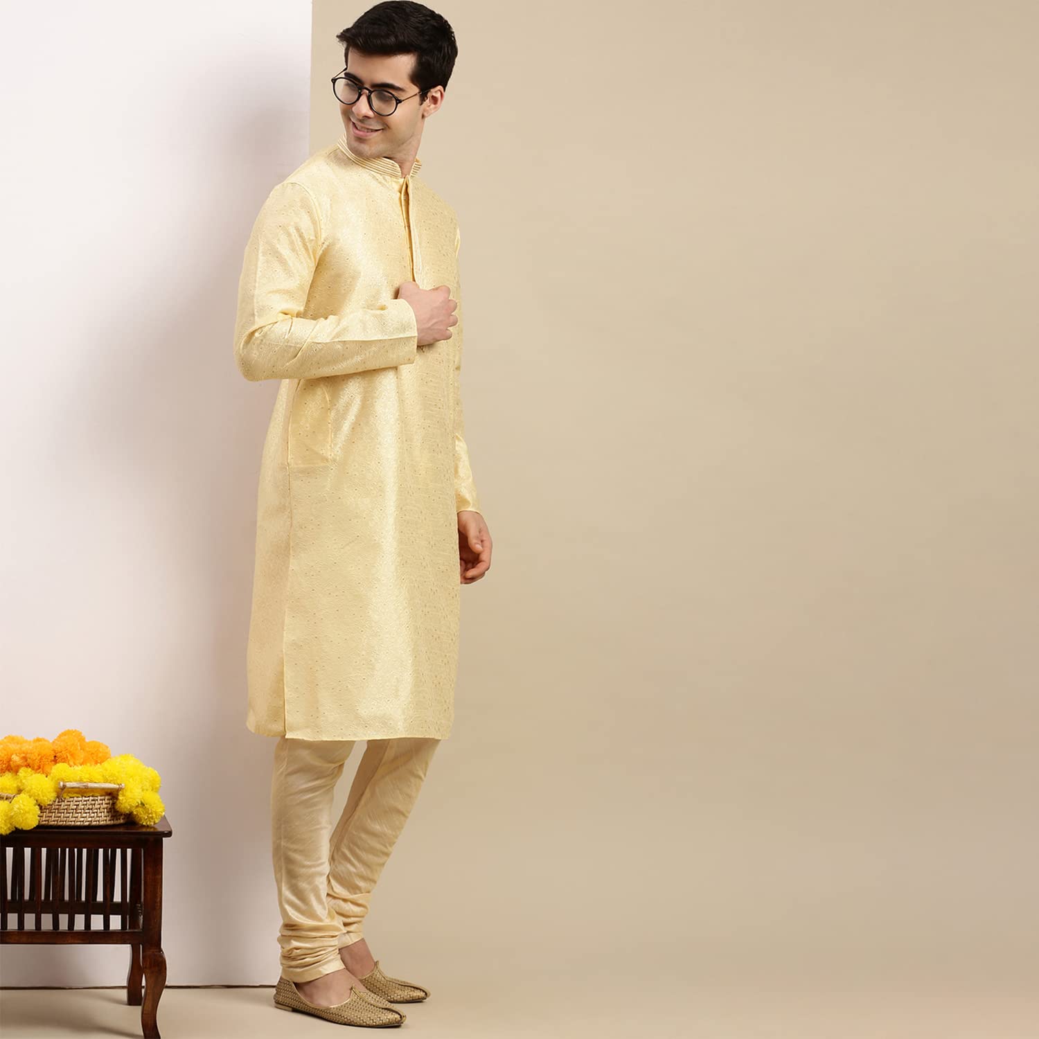 Sanwara Men's Cream Woven Long Sleeve Art Silk Elegant Kurta_SK_948_XL 1