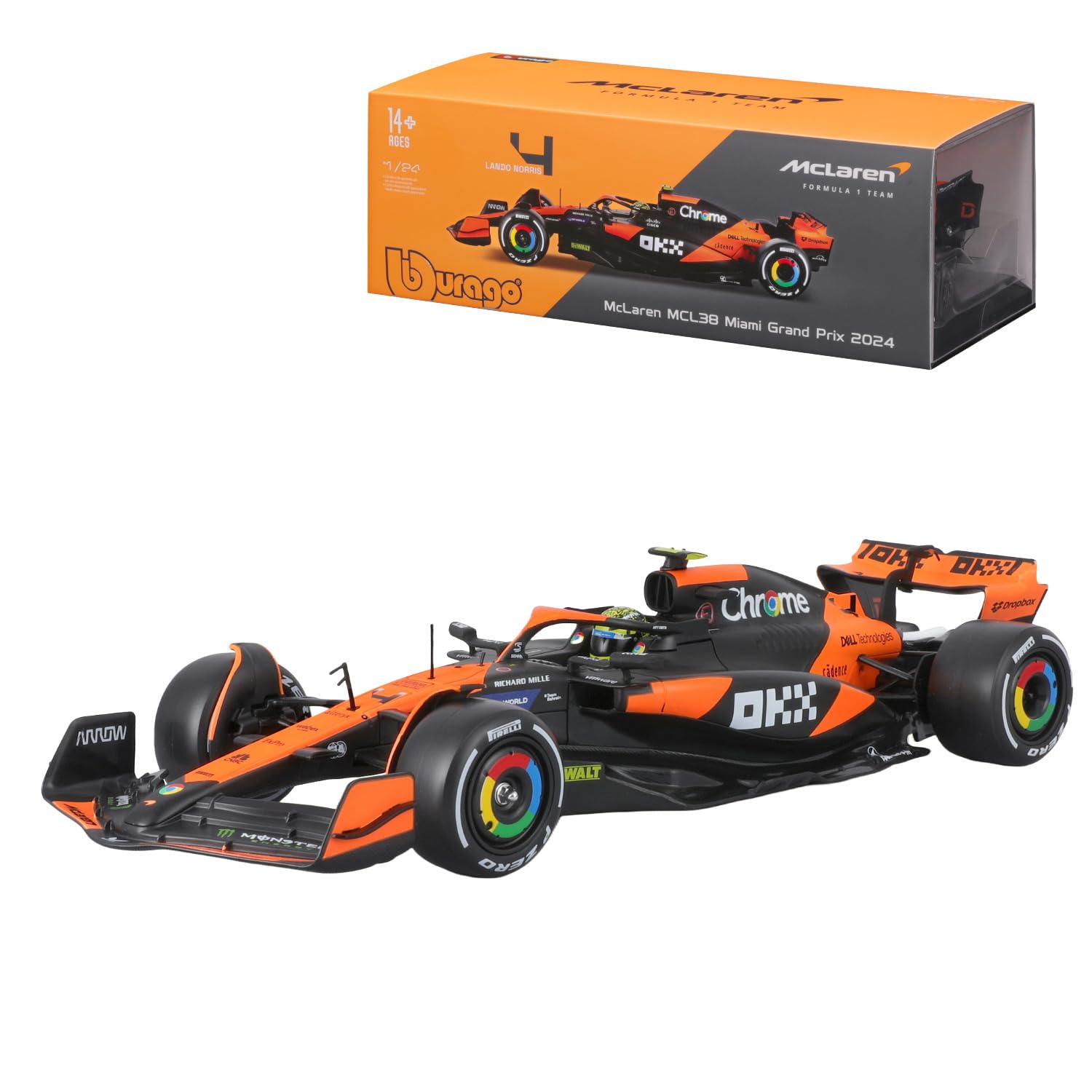 Bburago 1:24 2024 Race McLaren MCL38 with Helmet, Norris #4