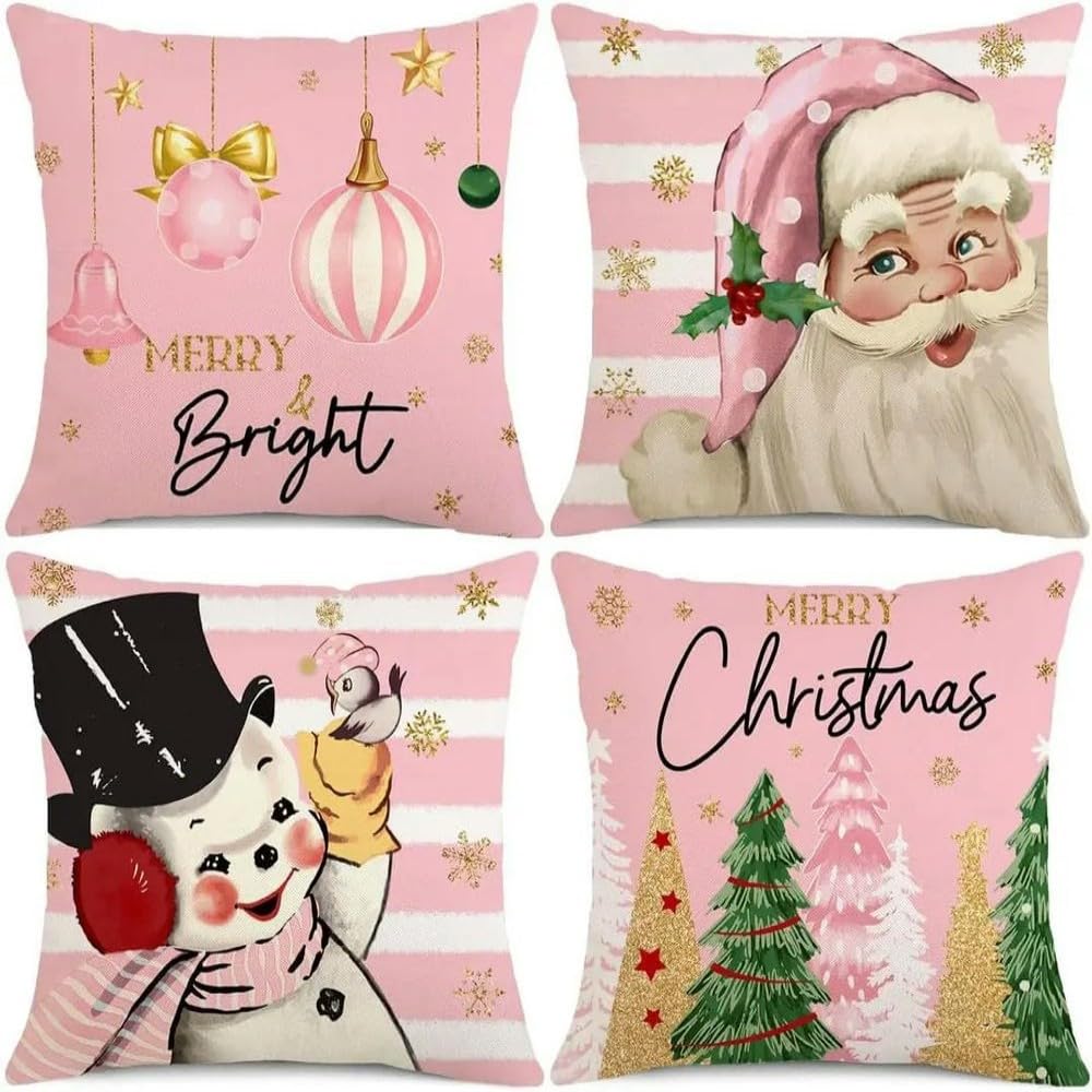 ZBDP - 4 federe per cuscini natalizi, Babbo Natale, pupazzo di neve, fiocchi di neve, fattoria, bufalo, plaid albero di Natale, decorazione per le vacanze