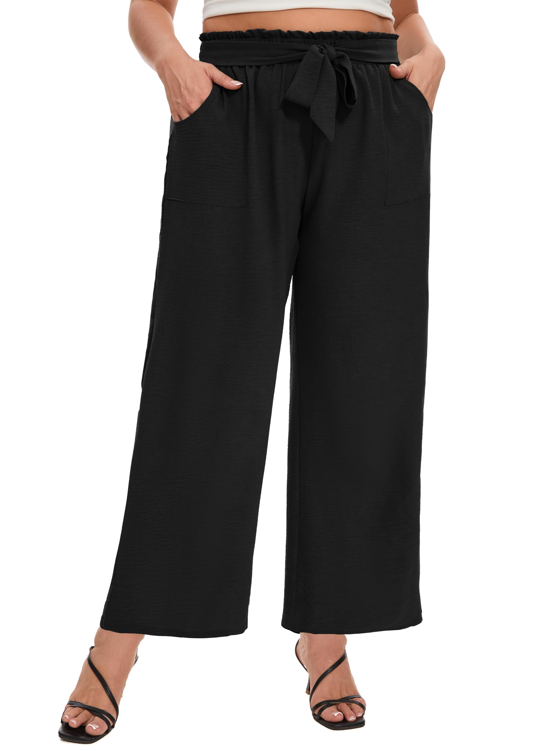 SEKINO Womens Plus Size Wide Leg Pants Loose Casual Flowy Pants Adjustable Knot Belted Lounge Beach Pants with
