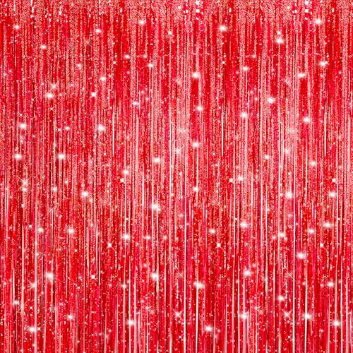 Image of Crosize 7 Pack 3.3 x 9.9 ft Laser Red Foil Fringe Curtains Party Decorations,Tinsel Curtain Backdrop for Parties, Door Streamers, Glitter Streamer Backdrop for Birthday Decoration