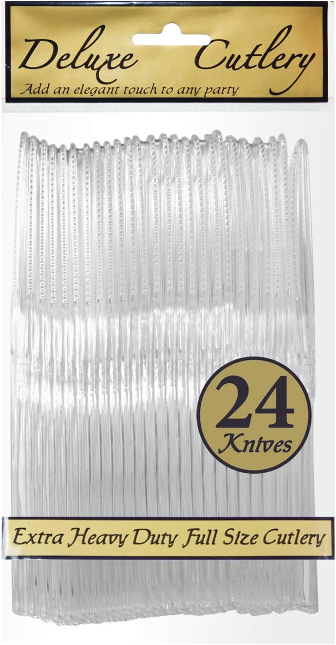 Party Essentials Extra Heavy Duty Full Size Plastic Cutlery, Disposable Utensils, Silverware, Party Supplies, Clear, Kinves, 24 Count