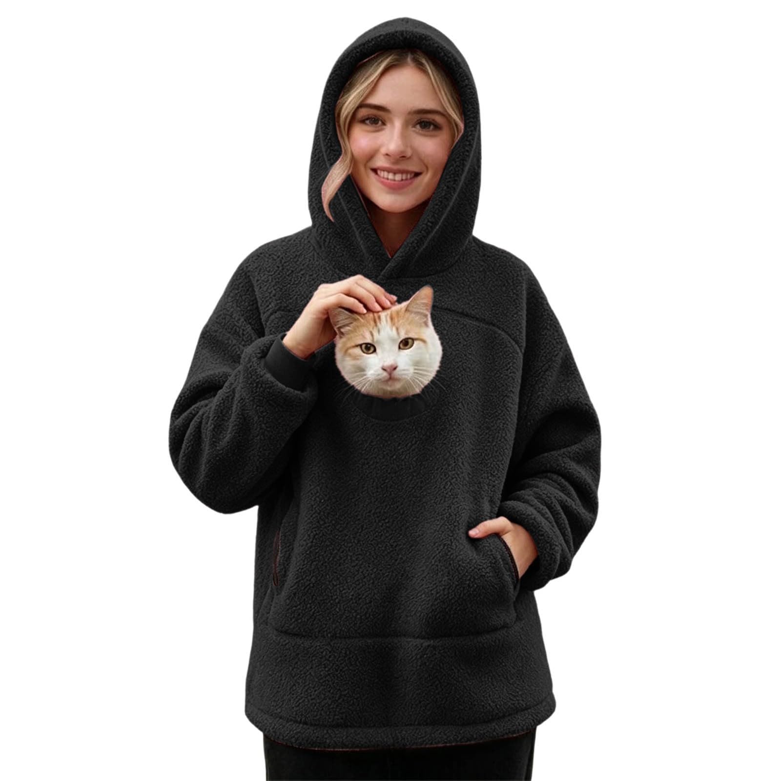 Pet Pouch Hoodie, Jumper with Cat Pocket Dog Puppy Carrier Warm Fluffy Winter Fleece Pullover Sherpa Funny Sweatshirts with Kangaroo Pouch for Pet Lover