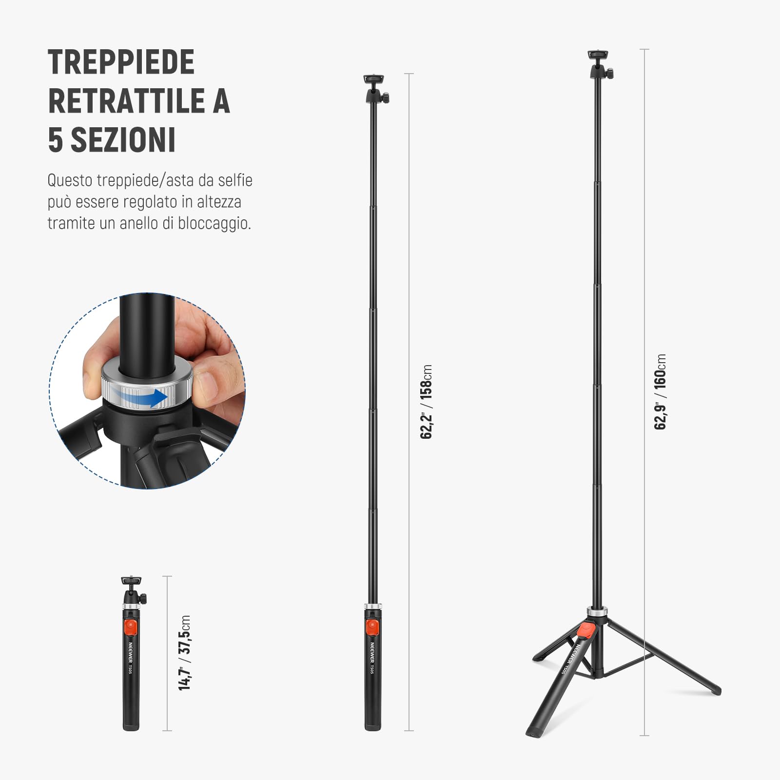NEEWER Treppiede Telefono Fotocamera con Portacellulare e Telecomando, Cavalletto Selfie Stick in Metallo da 160cm per Video Vlog Viaggio Compatibile con iPhone Canon Sony Nikon, Panno Pulizia, TS05