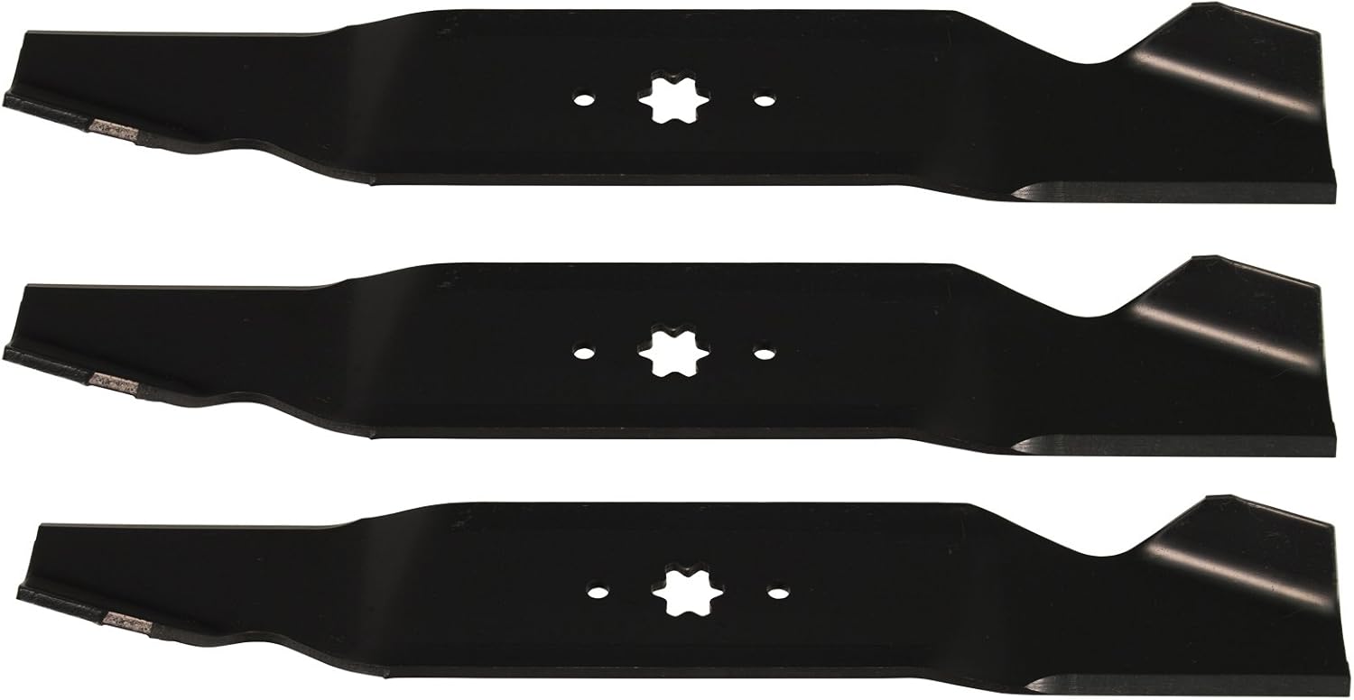 USA Mower Blades 3 MTR6771BP Notched High-Lift for MTD Toro 742-0677 942-0677 335-855 98024 Length 18-1/2 in. Width 3 in. Thickness .200 in. Center Hole 6 Point Star 54 in. Deck