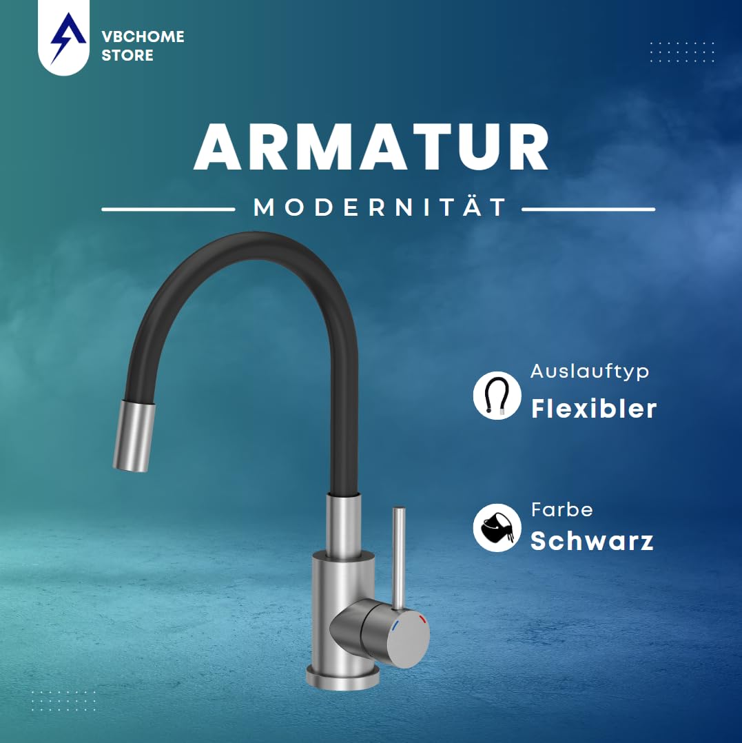 VBChome Edelstahlspüle mit Armatur 40 x 45 cm Gebürsteter Edelstahl Einbauspüle mit Hahnloch Edelstahl Küchenspüle Spüle Groß Becken Ablaufgarnitur Siphon Edelstahlspüle Armatur mit flexiblem Auslauf